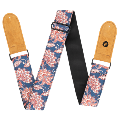 Prodipe, Sangle 50mm JACQUARD | Motif Fleurs - Doublée noire - Support Cuir Daim