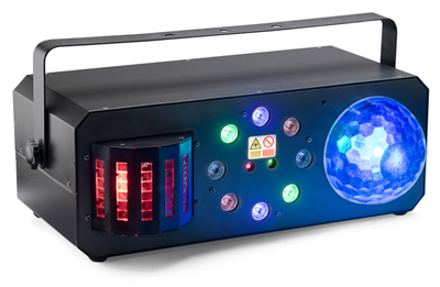 Boîte multi-effets avec lasers rouges et verts, derby, colour wash et boule disc